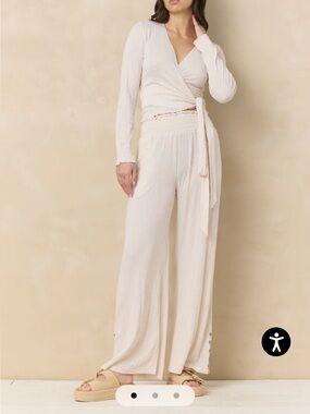 Women's Cream Wrap Blouse with Tie Waist and Wide leg pants